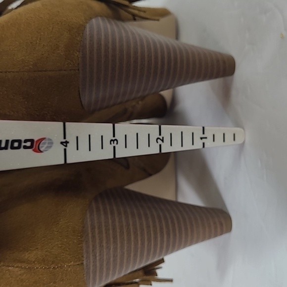 Indigo Road Rd Irfume Peep Toe Heeled Fringe Ankle Boots- Faux Suede Camel Brown - Picture 7 of 12